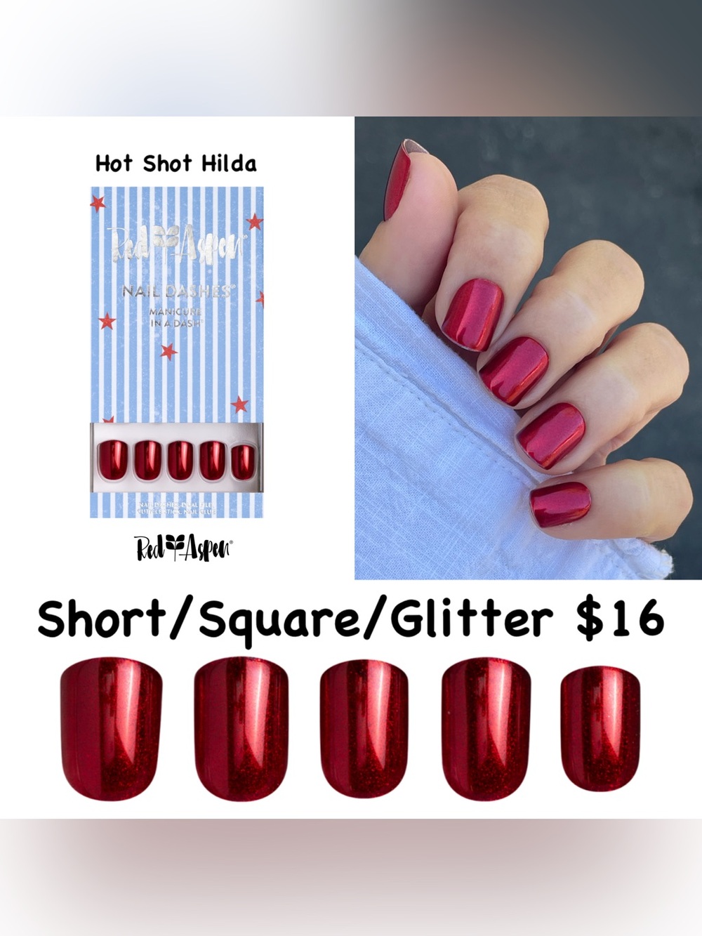 Red Aspen Metallic Red Press-On Nails — Short Square Set